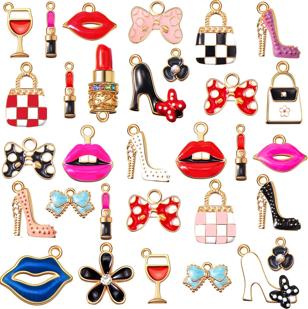 50 Pieces Enamel Charms for Bracelet Jewelry Making Women Makeup Earrings Lipstick Craft Pendant High Heel Designer Charms Mixed Gold Plated Wallet Flower Bow Items for DIY Necklace